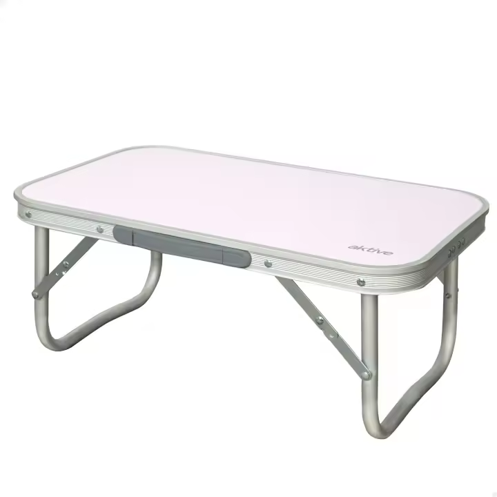Aktive - Mesa baja plegable camping, color malva, 56x34x24 cm, uso exterior, patas plegables, soporta 30 kg, estructura aluminio (tubo 19 mm), tablero madera MDF, antideslizante, plegado compacto, mesa portátil, resistente y duradera, con asa tipo maletín - 1