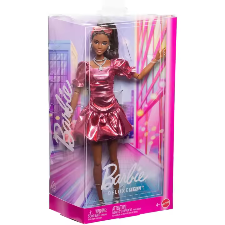 Barbie Deluxe Style Muñeca n. 6 con vestido rosa coral metalizado con volante de burbujas, pelo negro recogido en coleta, accesorios como gafas de sol, joyas y bolso (Mattel JFP41) - 1