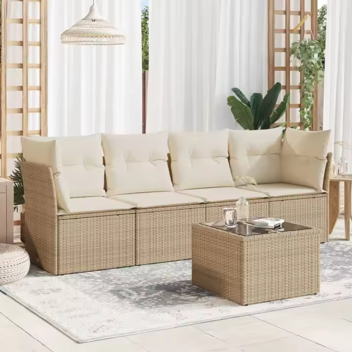 vidaXL Juego de sofás jardín con cojines 5 pzas ratán sintético beige - 1