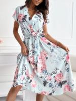 Nuevo Vestido De Verano Para Mujer Con Estampado Floral Cuello V Manga Corta Elegante Con Botones Y Cinturón Estilo Bohemio Midi - details 1