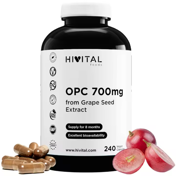 OPC 700 mg. 240 cápsulas veganas para 8 meses. Extracto de Semilla de UVA al 99% en ProantoCianidinas Oligoméricas (OPC), potente fuente de antioxidantes naturales que reducen el estrés oxidativo. Hivital - 1