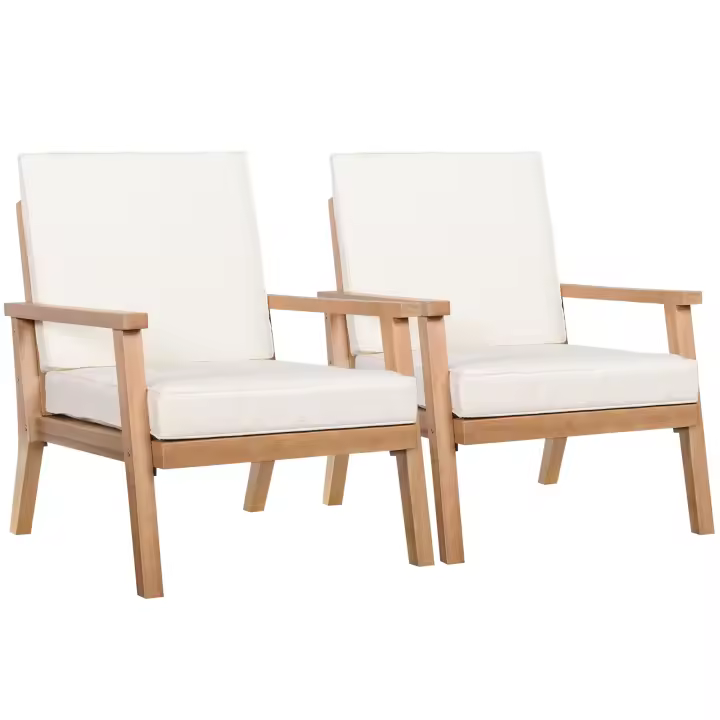 Outsunny Juego de 2 Sillas de Jardín con Cojines Juego de Sillas de Jardín Sillas de Jardín de Madera de Álamo Muebles de Jardín Sillas de Madera Sillas de Balcón Sillas de Terraza Marrón + Beige 66 x 77,5 x 74,5 cm - 1