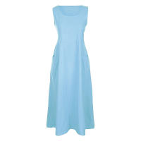 Vestido Sin Mangas De Algodón Y Lino Para Mujer Vestido De Verano Casual Cuello En V Largo Hasta La Rodilla Con Bolsillos - details 14