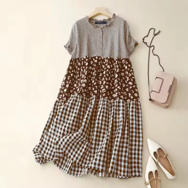 ZANZEA Vestido Largo a Cuadros Para Mujer Moda Verano 2024 Vestido De Fiesta Casual Sin Ajuste Manga Corta Decoración De Encaje Tipo Vintage Longitud Del Vestido Hasta El Tobillo - 1