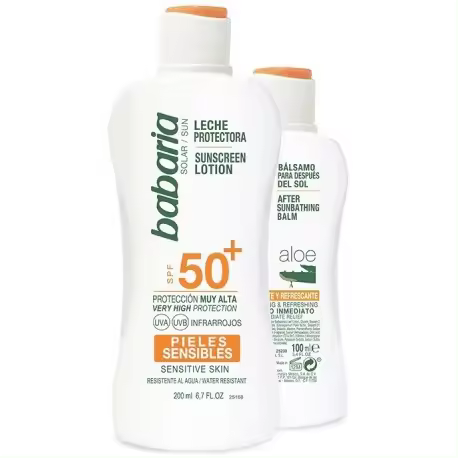 BABARIA LECHE PROTECTORA SOLAR PIELES SENSIBLES SPF50+ 200 ML + AFTER SUN ALOE 100ML - 1