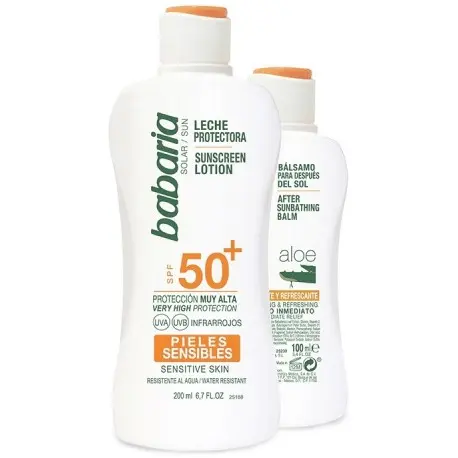 BABARIA LECHE PROTECTORA SOLAR PIELES SENSIBLES SPF50+ 200 ML + AFTER SUN ALOE 100ML - 1