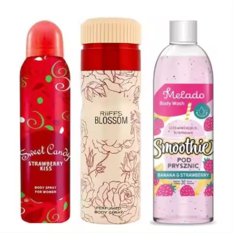 PACK DE 2 DESODORANTES Y 1 SMOOTHIE PARA MUJER-----1 BODY LOTION SWEET CANDY 150ML, DESODORANTE RIFFS BLOSSOM 200ML Y SMOOTHIE BANANAS Y FRESA DE MELADO 500ML------MARCA ESSENZA PARFUM & BEAUTY - 1