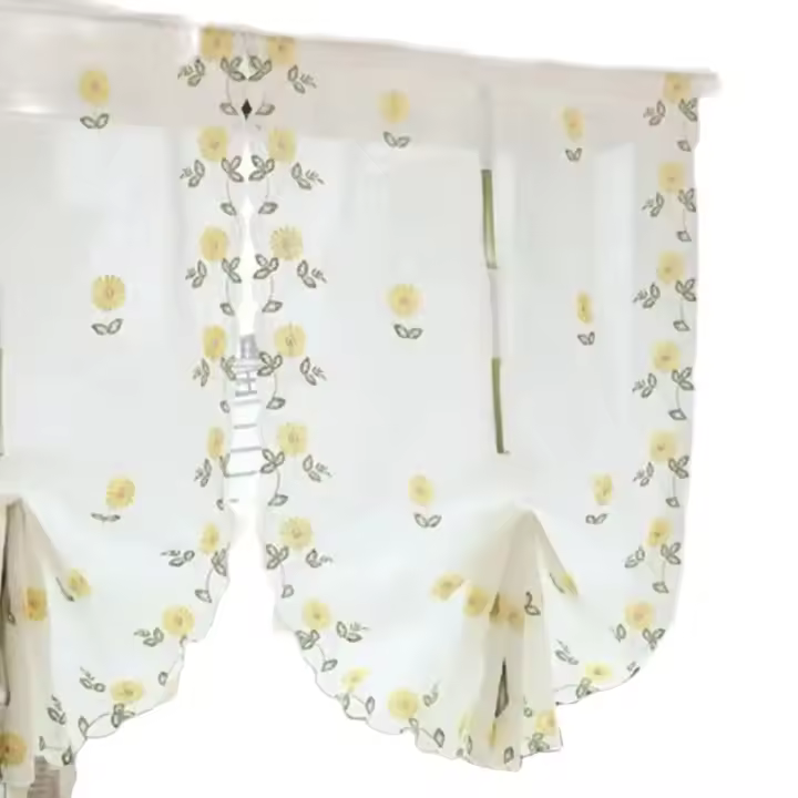 Cortina De Ventana Corta Con Bordado Floral Amarillo Estilo Rustico Para Balcón Y Fiesta Decoración De Ventana Translúcida De Poliéster 100% - 1