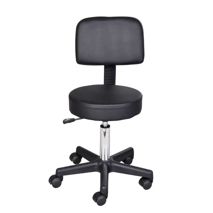 HOMCOM Taburete con Ruedas Taburete de Trabajo Regulable en Altura con Respaldo, Taburete de Salón Giratorio para Oficina de Masajes Piel Sintética Negro Ø35 x 72-84 cm - 1