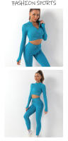 Conjunto De Yoga Fitness Sin Costuras Absorbedor De Sudor Levantamiento De Caderas Pantalones De Yoga De Cintura Alta Para Mujer Deporte Con Manga Larga Y Sudadera - details 5