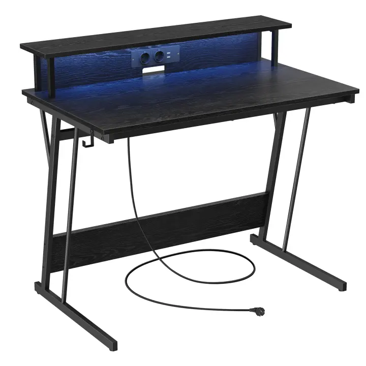 VASAGLE Escritorio para Juegos con Luces LED y Tomas de Corriente Incorporadas, Escritorio con Estante para 2 Monitores, Mesa para Oficina Dormitorio, 60 x 100 x 76 cm/60 x 120 x 76 cm, Negro Clásico - 1