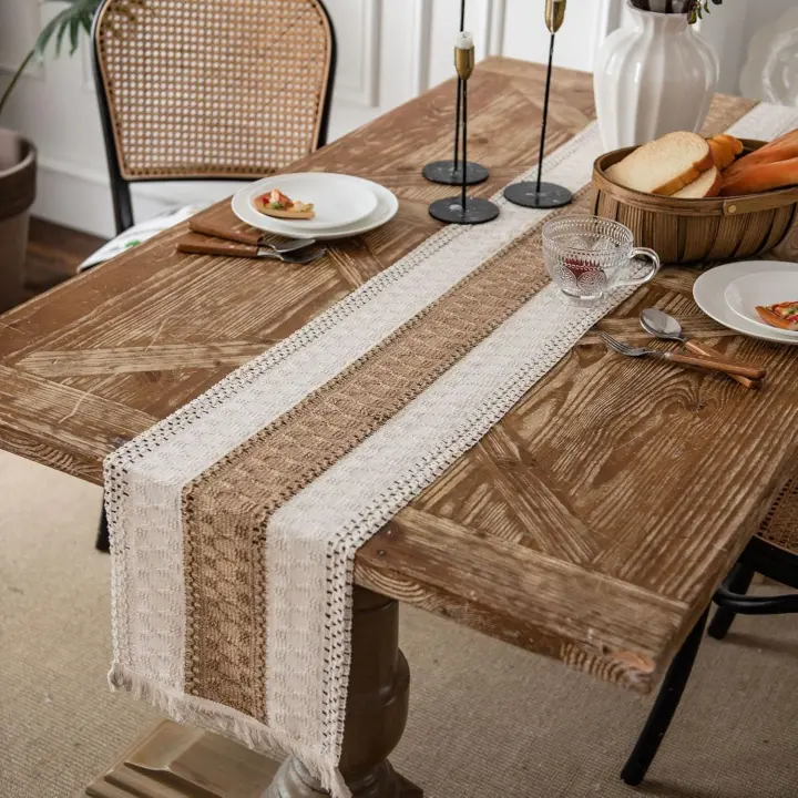 Camino de mesa, camino de mesa de arpillera natural, estilo simple y moderno para uso diario en el hogar, bodas, fiestas, Navidad - 1