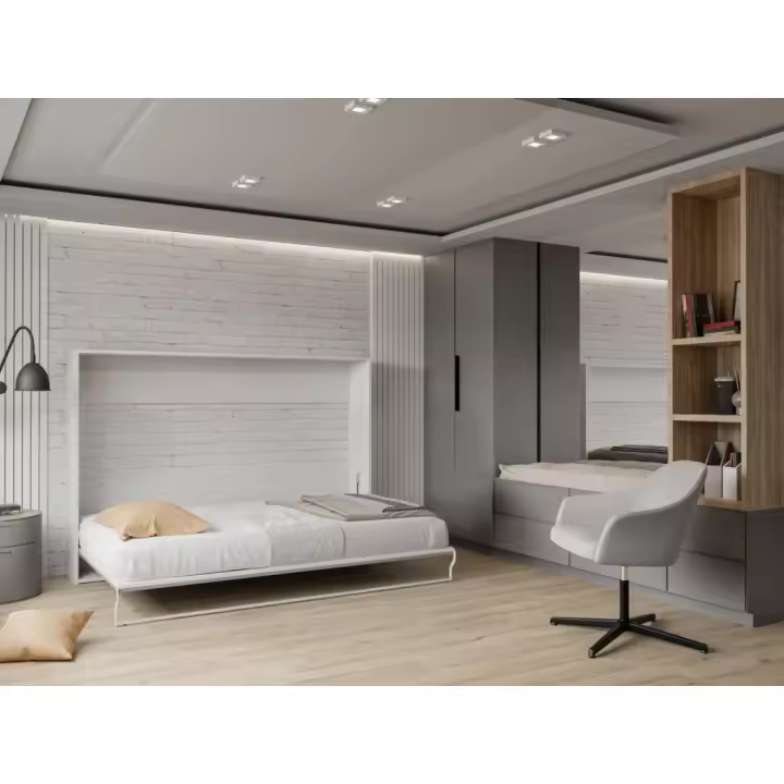 Vente-unique - Cama abatible 140 x 200 cm - Apertura horizontal manual - blanco y gris - MALINA II - 1