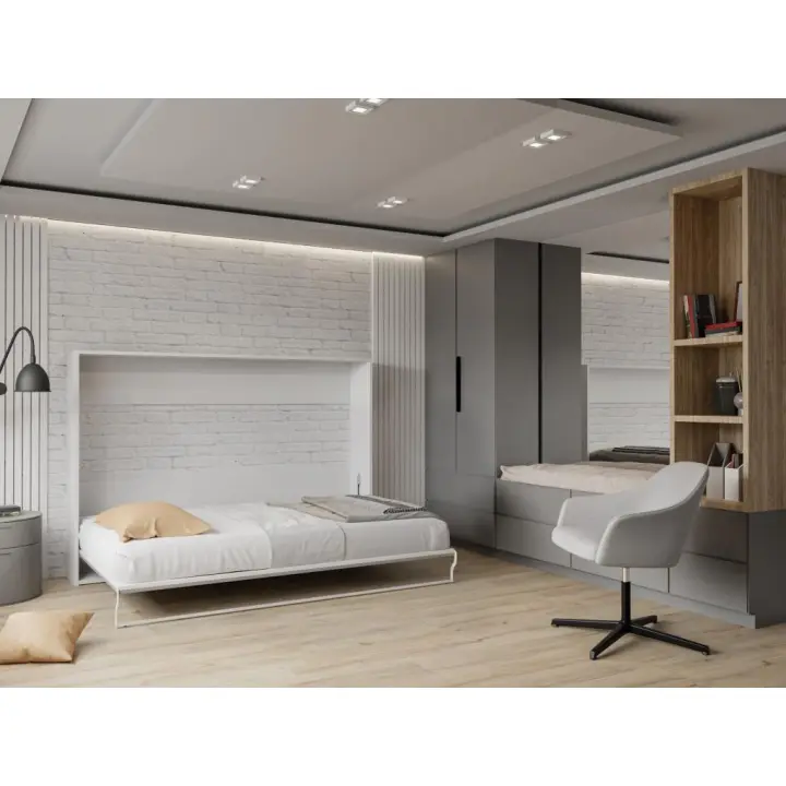 Vente-unique - Cama abatible 140 x 200 cm - Apertura horizontal manual - blanco y gris - MALINA II - 1