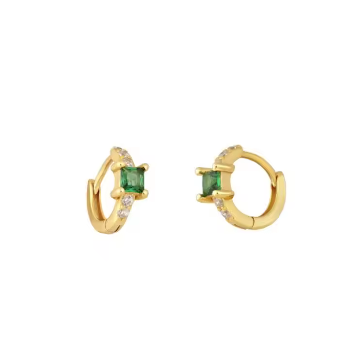 Pendientes Pequeños de Aro con Circonita Verde, Baño de Oro, 4x11 mm, Ref: CHP133CRIP108P - 1