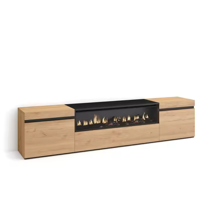 Skraut Home - Mueble de Televisión en melamina de alta calidad - 203x35x45cm - Fuego led efecto 3d - Veteado de madera - Tacto poroso - Estilo Moderno Elegante - 1