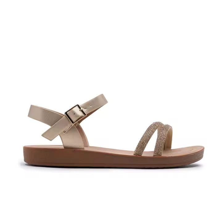 Sandalias Planas con Correas y Detalles de Brillantes, Sandalias planas con tiras de diamantes y cierre de hebilla, Verano Para Mujer, Zapatos de Playa y Vacaciones - 1