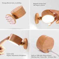 Lámpara De Pared Móvil Magnética Para Dormitorio Y Sala De Estar Interior Material De Madera Cargable USB Rotación De 360 Grados Luz De Sconce Toque - details 10