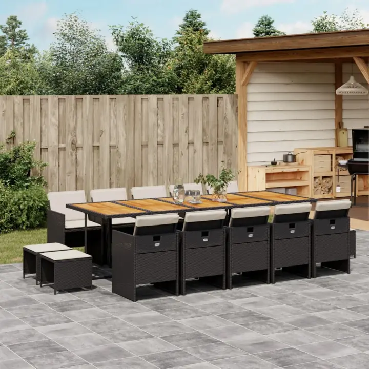 vidaXL Set comedor de jardín con cojines 15 pzas ratán sintético negro - 1