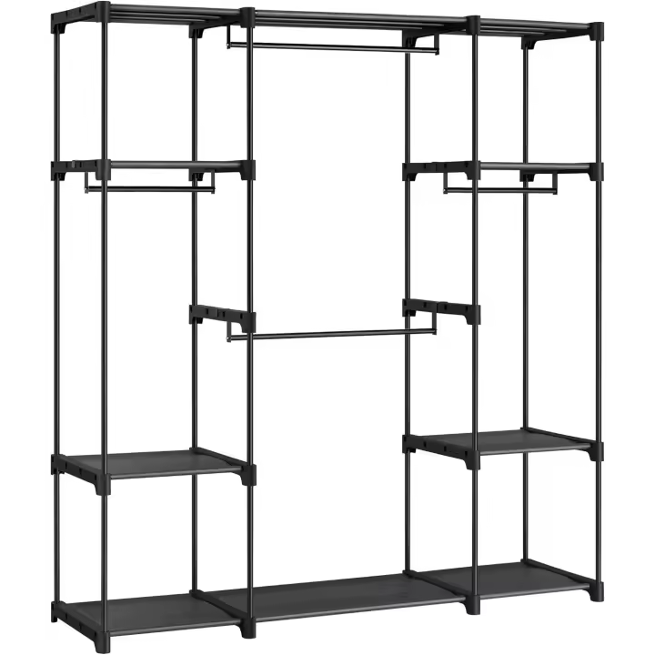 Armario de Ropa, Perchero, Burro Ropa, 43 x 151 x 166 cm, 4 Secciones para Colgar, con Compartimentos, Gran Capacidad, para Dormitorio, Salón, Lavandería, Negro RYG036B02 - 1