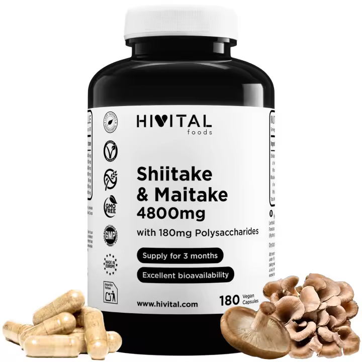 Shiitake y Maitake 4800 mg. 180 cápsulas veganas para 3 meses de tratamiento. 30% Polisacáridos. Mezcla de Extractos naturales de Shitake y Maitake. Fabricado en España por HIVITAL - 1