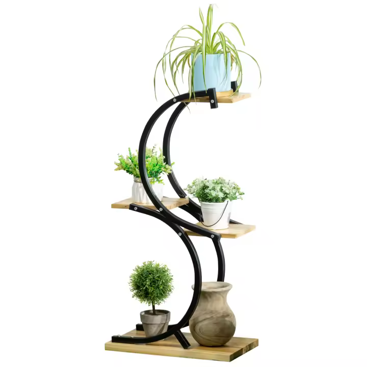 Outsunny Estante para Plantas de 4 Niveles en Forma de S Soporte para Plantas Escaleras para Flores Estante para Flores con Marco de Metal para Patio Jardín Madera Maciza Negro 46 x 25 x 91 cm - 1
