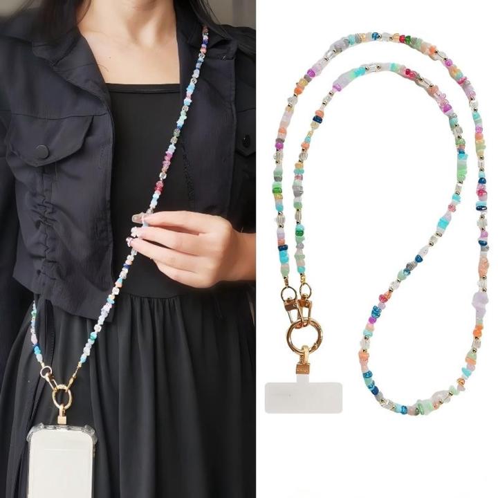 Om Home Cordón para teléfono — 60 cm de longitud, un solo lado — Cadena para teléfono cruzada para mujer — Correa con cuentas — Cadena para bolso — Incluye accesorio para teléfono con parche de anclaje — Cordón antipérdida — Compatible con todos los smart