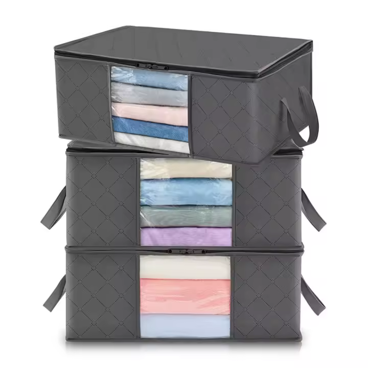 Caja de almacenamiento de ropa plegable gris de 35 litros, juego de tres, asas reforzadas, material de tela resistente al desgaste y ventana transparente, perfecta para guardar suéteres, abrigos y mantas - 1