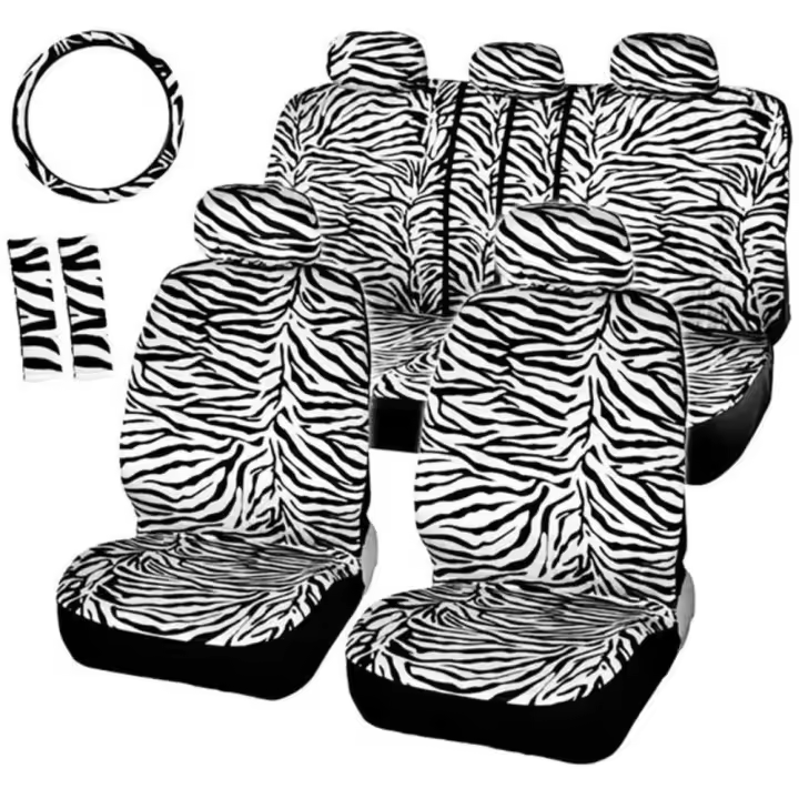 Funda universal para asiento de coche con estampado de leopardo, funda de asiento cálida de felpa con funda para volante, hombreras, funda para asiento de coche - 1