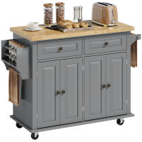 HOMCOM Isla de Cocina con Ruedas Carro de Cocina con 2 Cajones 4 Puertas Especiero Encimera de Madera Estante Ajustable y Barra Lateral para Comedor 111x44,5x82,5 cm Gris - details 0