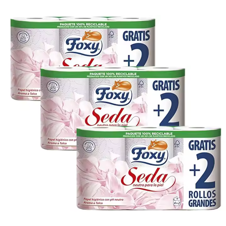 FOXY Seda 18 rollos, 3 capas, papel higiénico (3 pack x 6 rollos), PH neutro - 1