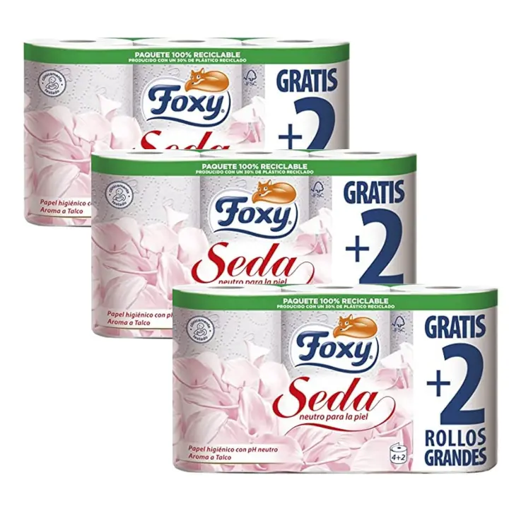 FOXY Seda 18 rollos, 3 capas, papel higiénico (3 pack x 6 rollos), PH neutro - 1