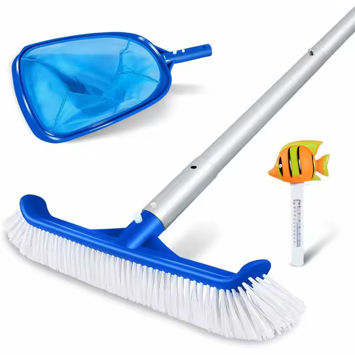 Kit de Limpieza para Piscina: Cepillo de 35 cm, Recogehojas con red y Termómetro, largo de 146 cm - 1