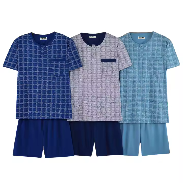 Pijama Hombre - Camiseta Manga Corto de Cuello redondo y botones con Bolsillo + Pantalones Corto Liso -Primavera/Verano - 615 - 1