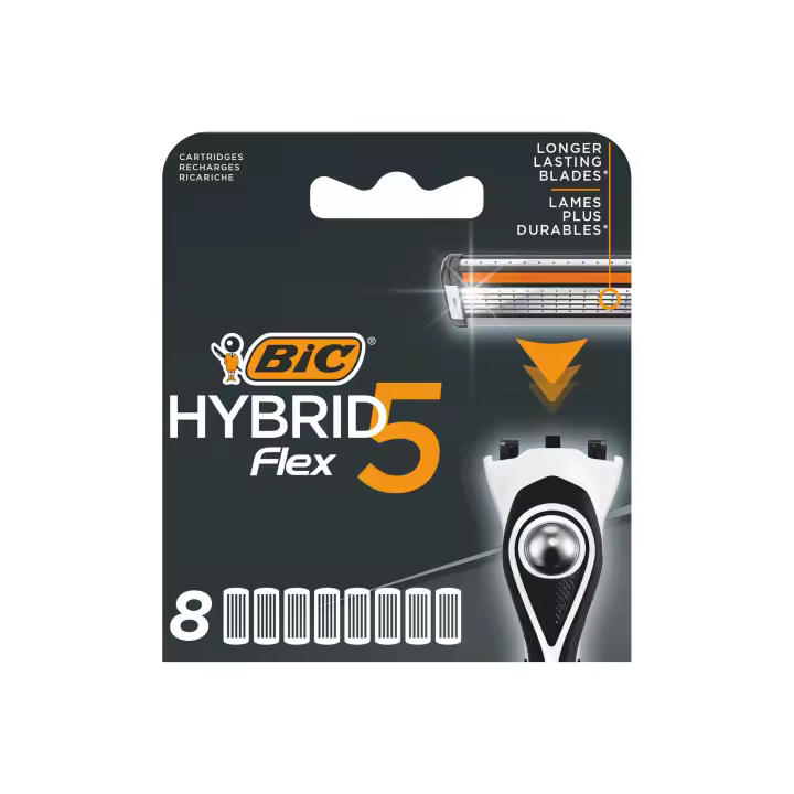 BIC Hybrid5 Flex Cabezales Recargables de Maquinilla para Hombre con 5Hojas Móviles Recubiertas de Titanio con Nanotecnología - Caja de 8Recargas - 1