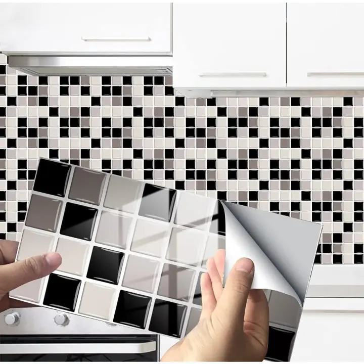 Adhesivos decorativos rectangulares para azulejos de baño y cocina, diseño de mármol, decoración adhesiva impermeable (mosaico gris, 24 - 1