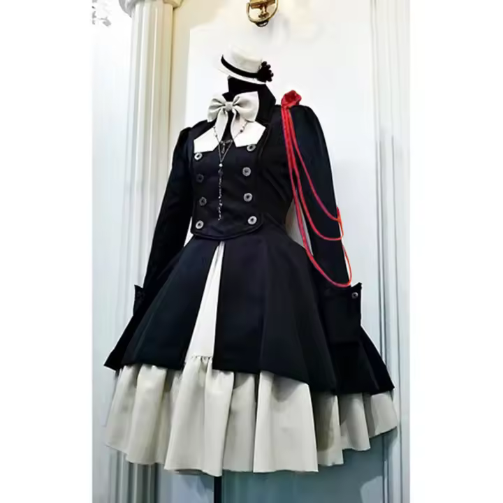 Vestido Lolita Vintage Medieval Negro Para Mujer Estilo Gótico Renacentista Con Volante Clásico Halloween Dulce Kawaii A-Line Talla Natural Vestidos De Poliéster Talla Regular Cuello Con Borla - 1