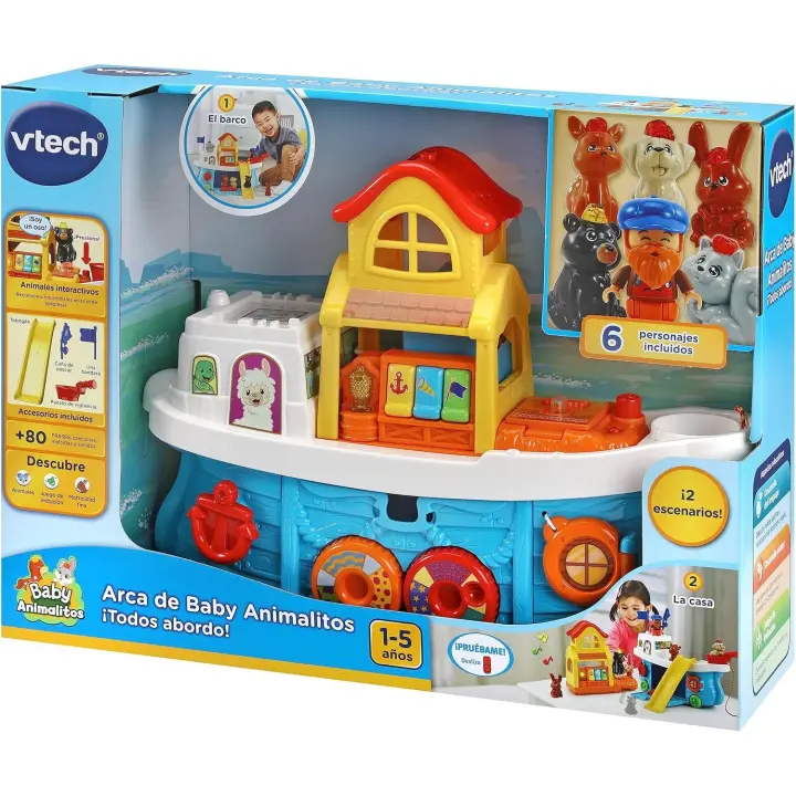 VTech - Arca de Baby animalitos , Juguete de arrastre, Playset interactivo +1 año, Modo barco y modo casa, Versión ESPAÑOLA - 1