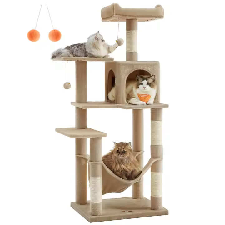 Árbol para Gatos Multinivel de 143 cm - Torre con Postes Rascadores, Plataformas, Cueva, Hamaca y Pompones, Tela de Felpa - 1