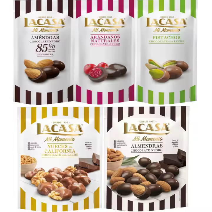 Lacasa Mi Momento pack de 5:Arándano  Negro 60 G,Pistacho  Leche 50 G,Almendra 85% 65 G,Nueces  Leche 115 G,Almendra  Negro 125 G - 1