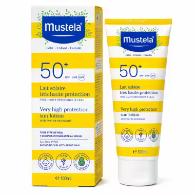 Mustela - Leche Solar SPF 50+ 100 ml para bebés y niños desde el nacimiento, muy alta protección UVA/UVB, resistente al agua y con aguacate BIO - 1