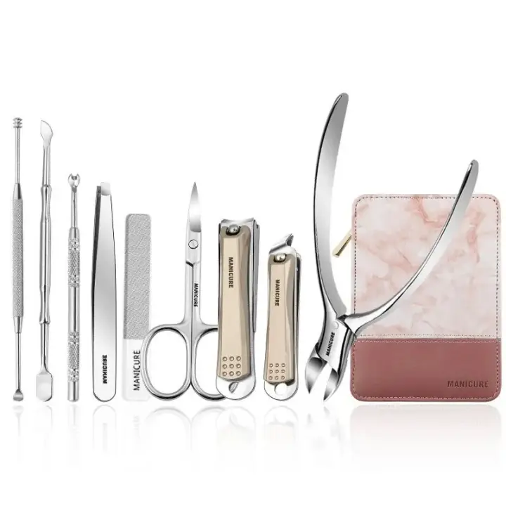 Set De Manicura Y Pedicura 9 Piezas Herramientas De Cuidado Personal Acero Inoxidable Con Estuche De Cuero PU Kit De Tijeras Y Cortauñas - 1