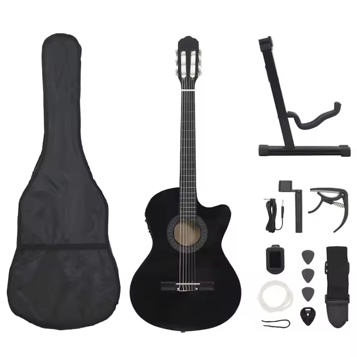 vidaXL Set guitarra occidental 12 pzas con ecualizador 6 cuerdas en color Negro/Marrón claro/Azul - 1