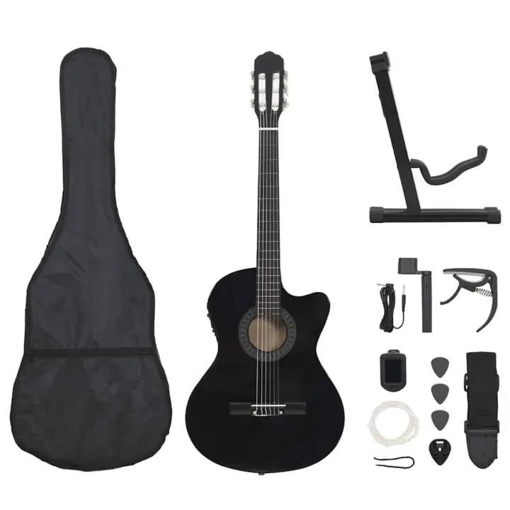 vidaXL Set guitarra occidental 12 pzas con ecualizador 6 cuerdas en color Negro/Marrón claro/Azul - 1