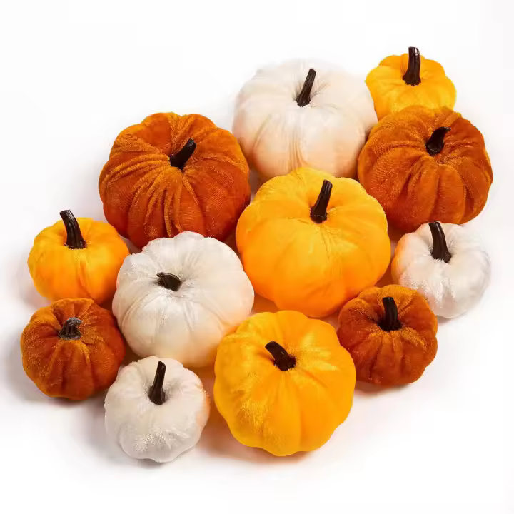 Calabazas de peluche para otoño, minicalabazas, calabazas artificiales falsas, Halloween, Acción de Gracias, decoración de mesa para el hogar (paquete de 12, naranja) - 1