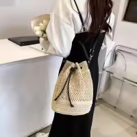 Bolsa de paja para mujer, bolsa de playa tejida de verano con cordón de cordón, bolso de mano para vacaciones - details 5