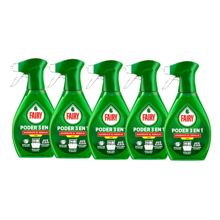 Fairy | Poder Sin Remojo Limón Spray , 2500ml, Spray de Pre-Tratamiento Para Vajilla Y Cocina, Eficaz Con El 100 % De La Grasa, Antigrasa, Spray Desengrasante, Limpieza Rápida Y Sin Esfuerzo, 5x500ml