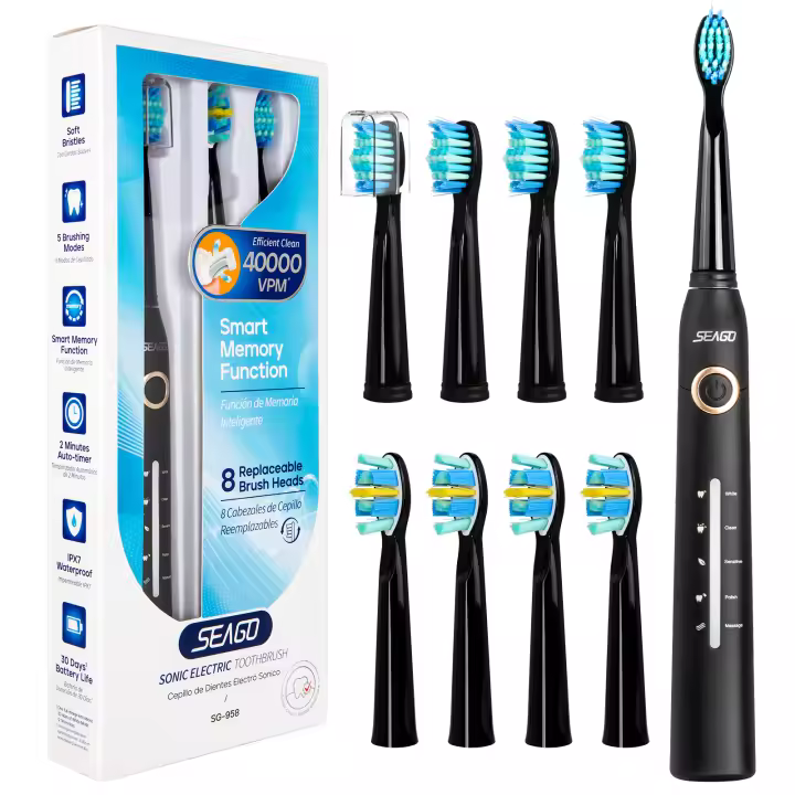Cepillo De Dientes Eléctrico Seago Para Adultos Con Vida De Batería De 30 Días Timer Inteligente De 2 Minutos 5 Modos Y 8 Cabezales De Repuesto - 1