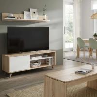 Meimon Mueble TV KIKUA PLUS con estante de colgar, 1 puerta con apertura push, patas ABS, hueco pasacables, acabado en Roble Canadian y Blanco Ark, fabricado en melamina TIPO E1, medidas TV: 135x40x50 cm, estante: 135x17,5x19,5 cm, carga máx. 40 kg. - details 0