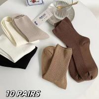Calcetines De Mujer De Color Sólido Medio Longitud 10/5 Pares Transpirables Y Suaves Para Primavera Y Otoño Estilo Sencillo Con Rayas - details 1